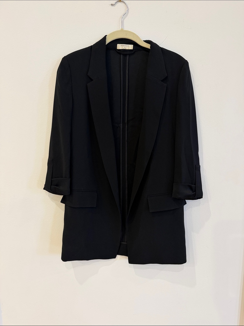 Aritzia Babaton Black Longline Open Blazer with Rolled Sleeves